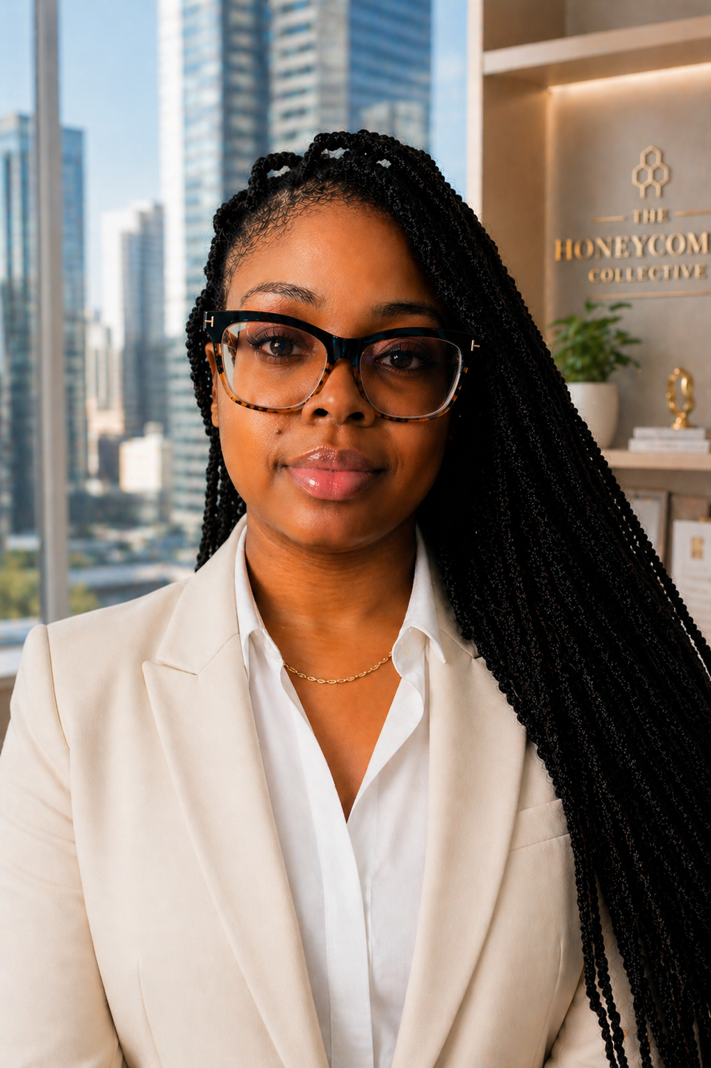 A professional woman with long braided hair and glasses in an office setting, with high-rise buildings visible through the window behind her.
