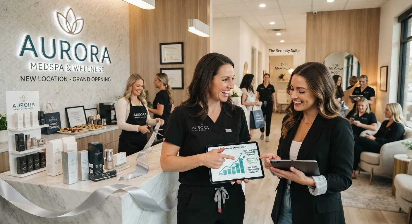 Aurora Medspa & Wellness grand opening featuring staff, skincare products, and guests in a modern spa reception area