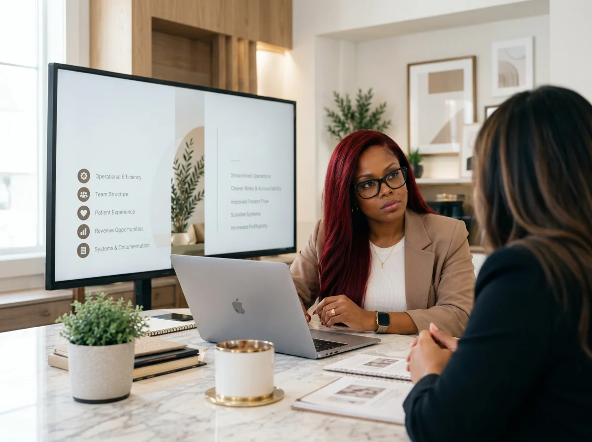 Two women having a conversation in a modern office, with a large screen displaying a presentation on operational efficiency, team structure, patient experience, revenue opportunities, and systems documentation.