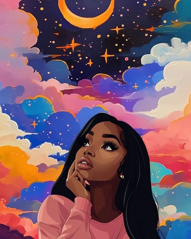 An illustrated woman with long black hair and brown skin gazing upward, surrounded by a colorful, dreamy sky with clouds, stars, and a crescent moon.