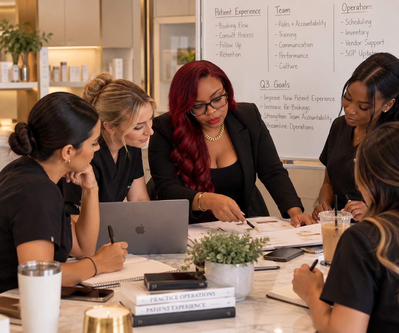 A diverse group of women in business attire having a meeting in a modern conference room, with a whiteboard in the background displaying team goals and patient experience topics, surrounded by laptops, notebooks, drinks, and a plant.
