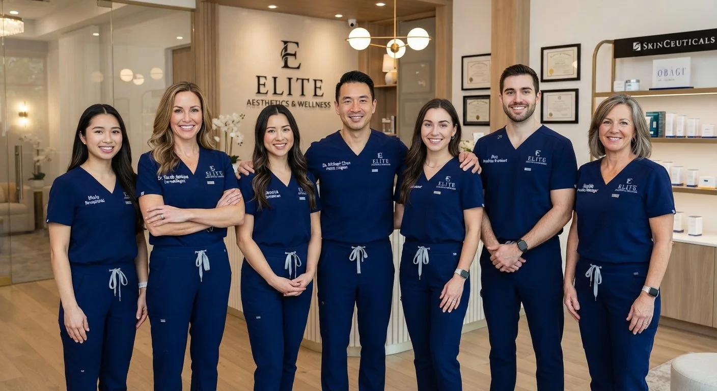 Elite Aesthetics & Wellness medical team posing in navy blue scrubs inside a modern clinic