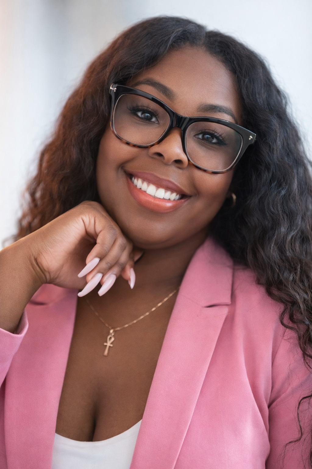 A woman with glasses smiling, wearing a pink blazer and a necklace with an ankh pendant, posing with her hand near her face.