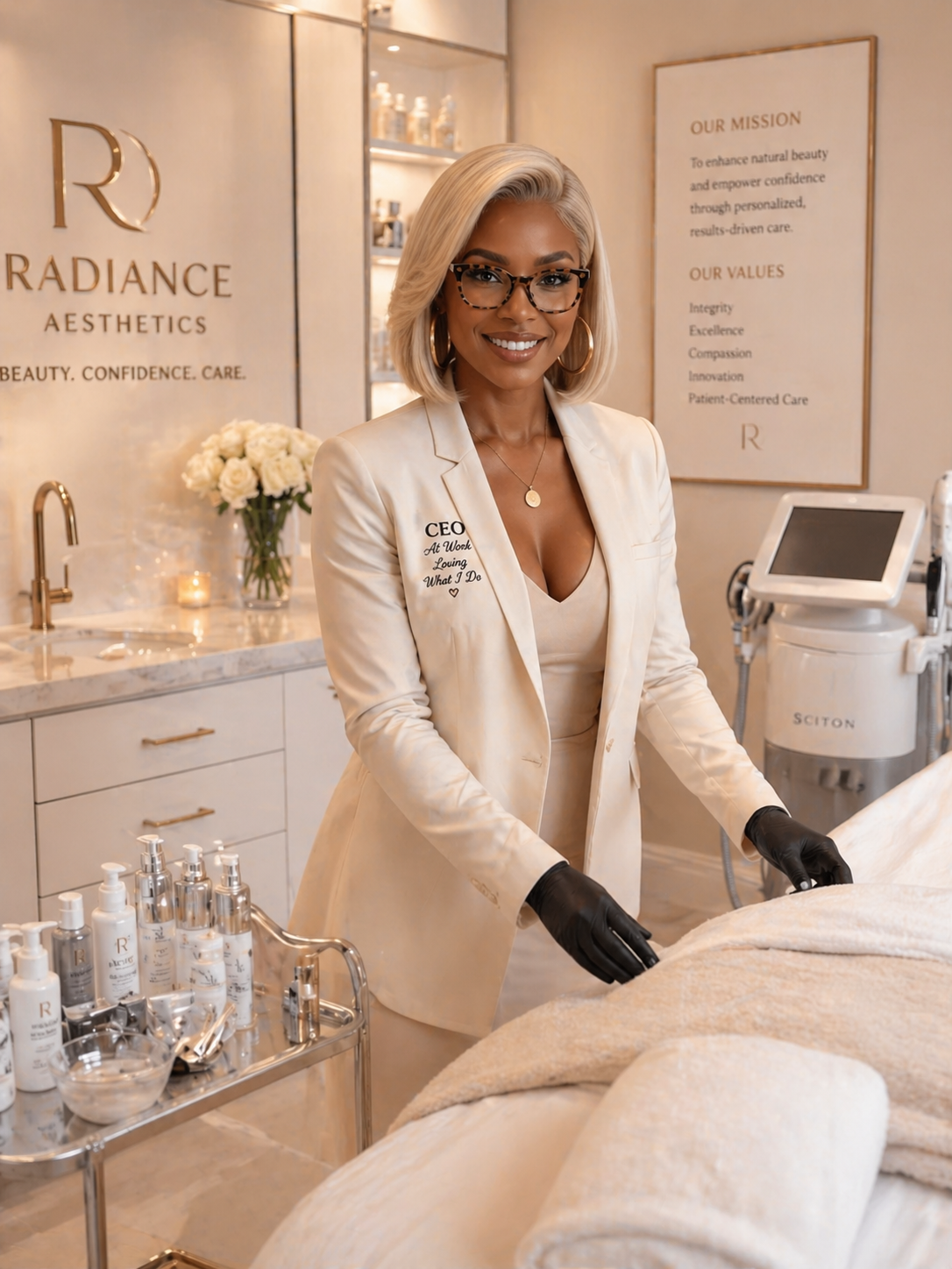 A woman with blonde hair, glasses, and a cream-colored blazer stands in a clinic or spa, smiling at the camera. She is wearing black gloves and appears to be preparing for a treatment. Behind her, there are skincare products on a metal cart, a vase of white roses, and a wall with a sign displaying the clinic's mission and values.