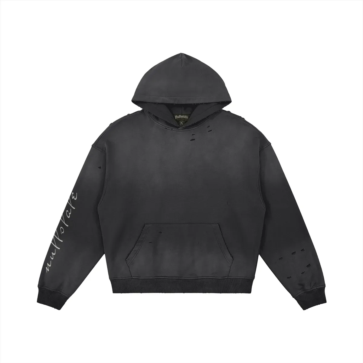 Black hooded sweatshirt with distressed details and white cursive text on the sleeve, displayed against a white background.