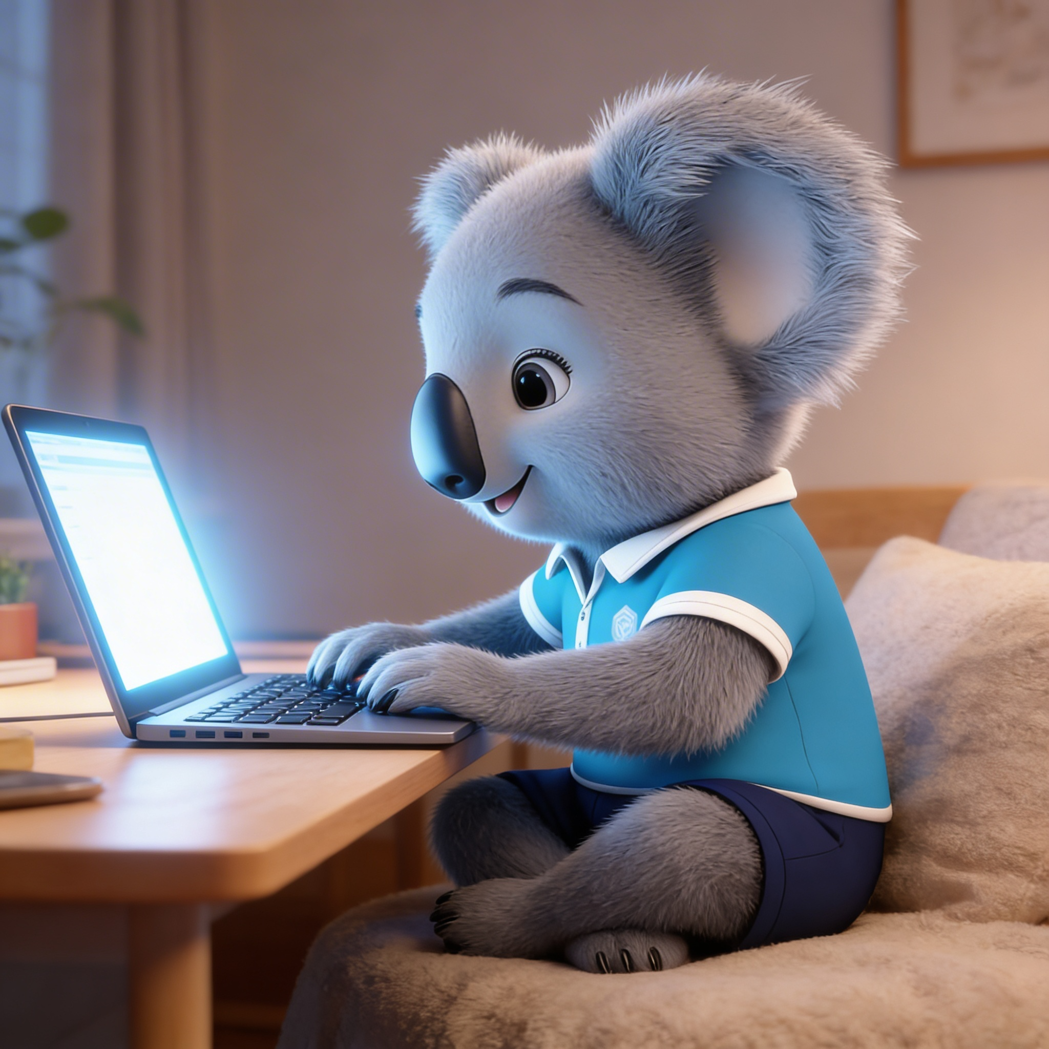 Animated koala mascot sitting on a couch, using a laptop, in a cozy living room.