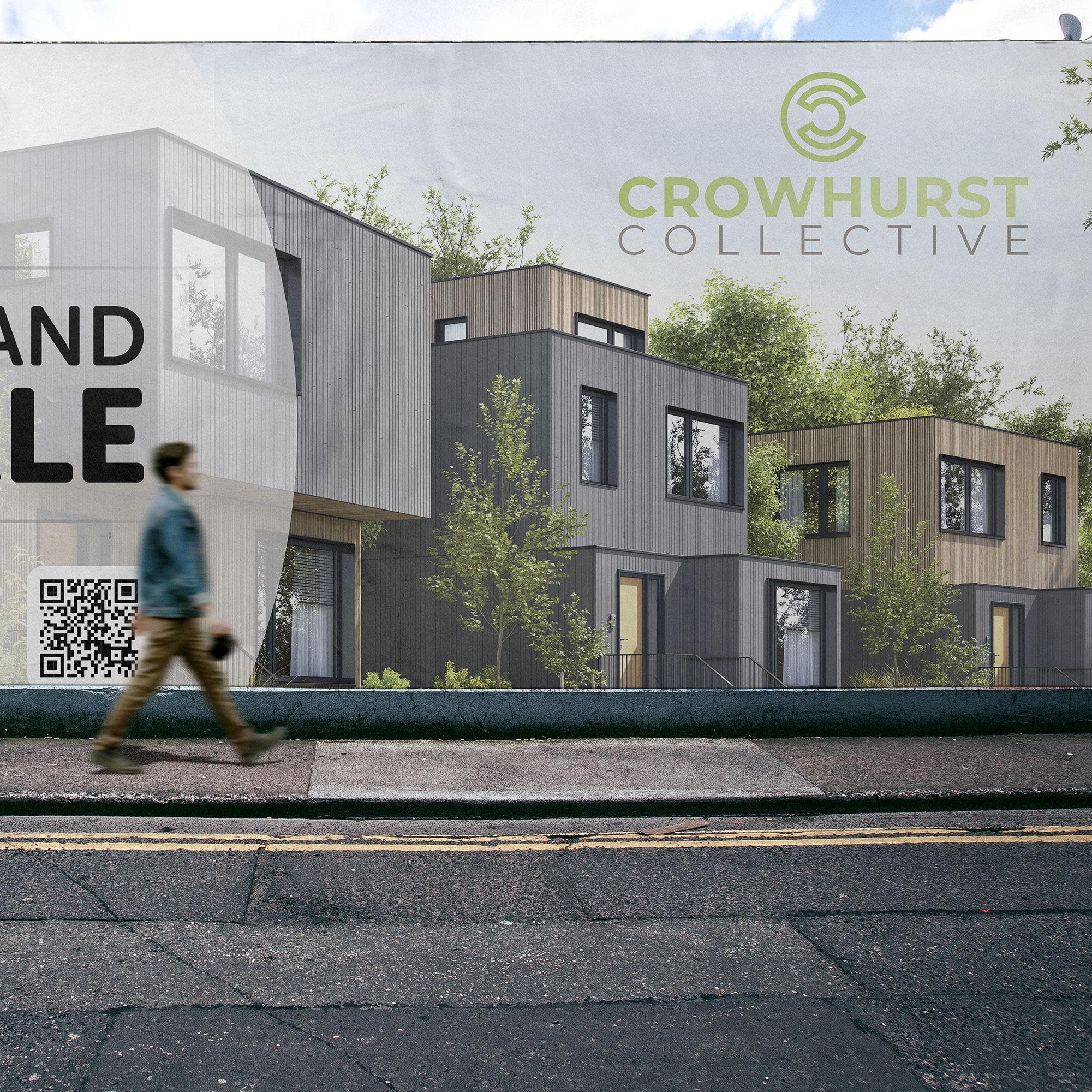 A person walking on a sidewalk in front of an architect's rendering of modern residential buildings with trees, and logos for Crowhurst Collective.