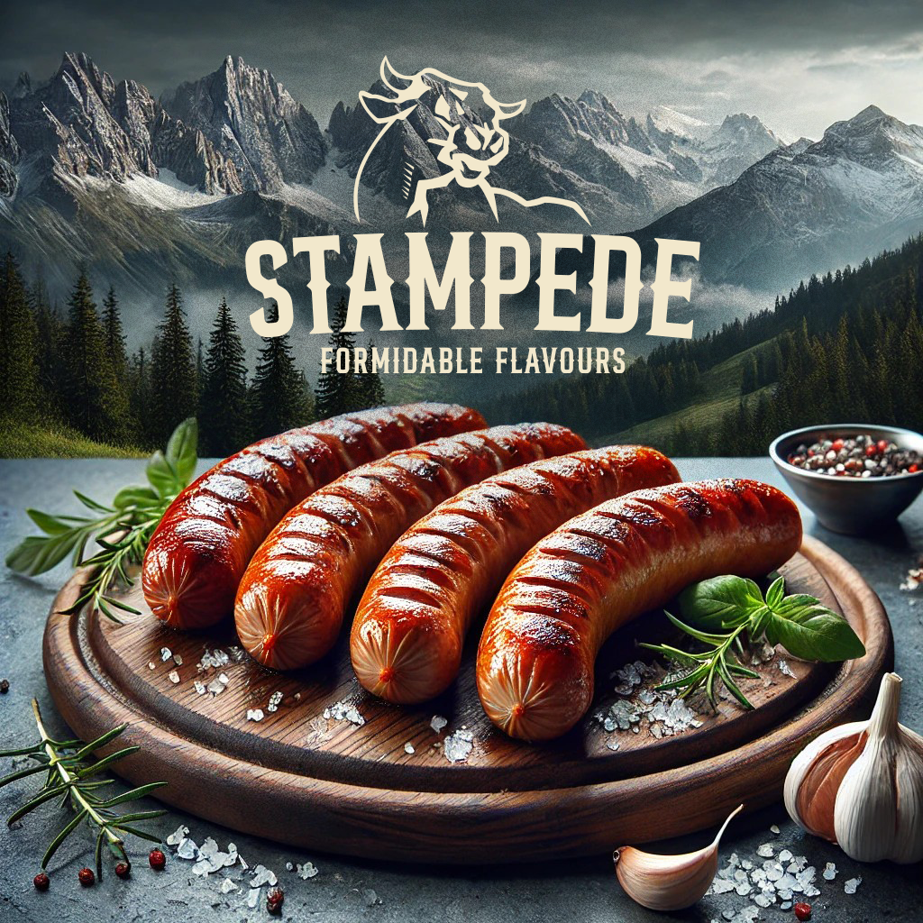 Four grilled sausages on a wooden serving board garnished with herbs, with a bowl of peppercorns and garlic cloves in the background, mountain landscape in the distance.