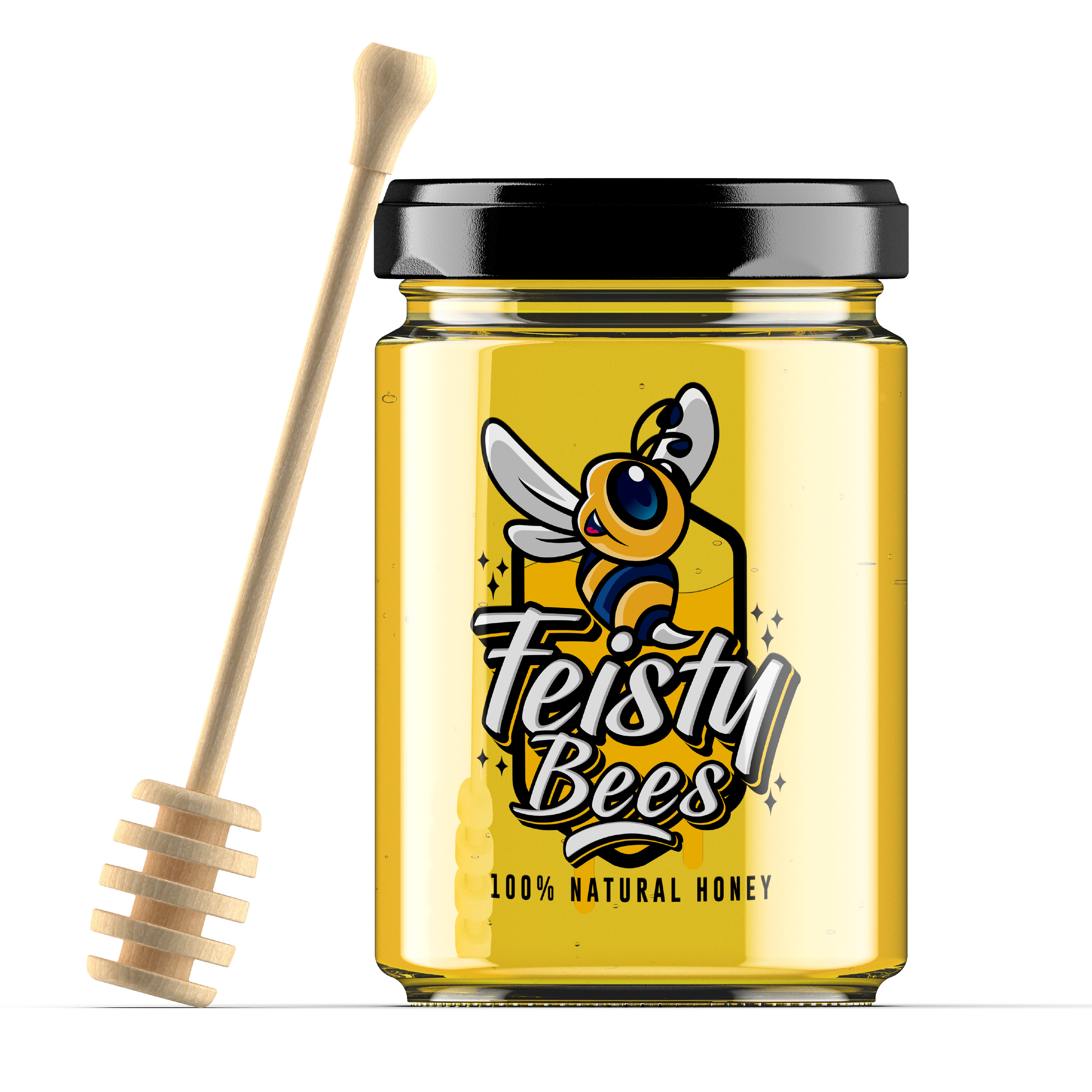 A jar of Teisty Bees 100% natural honey with a bee cartoon logo, alongside a honey dipper.