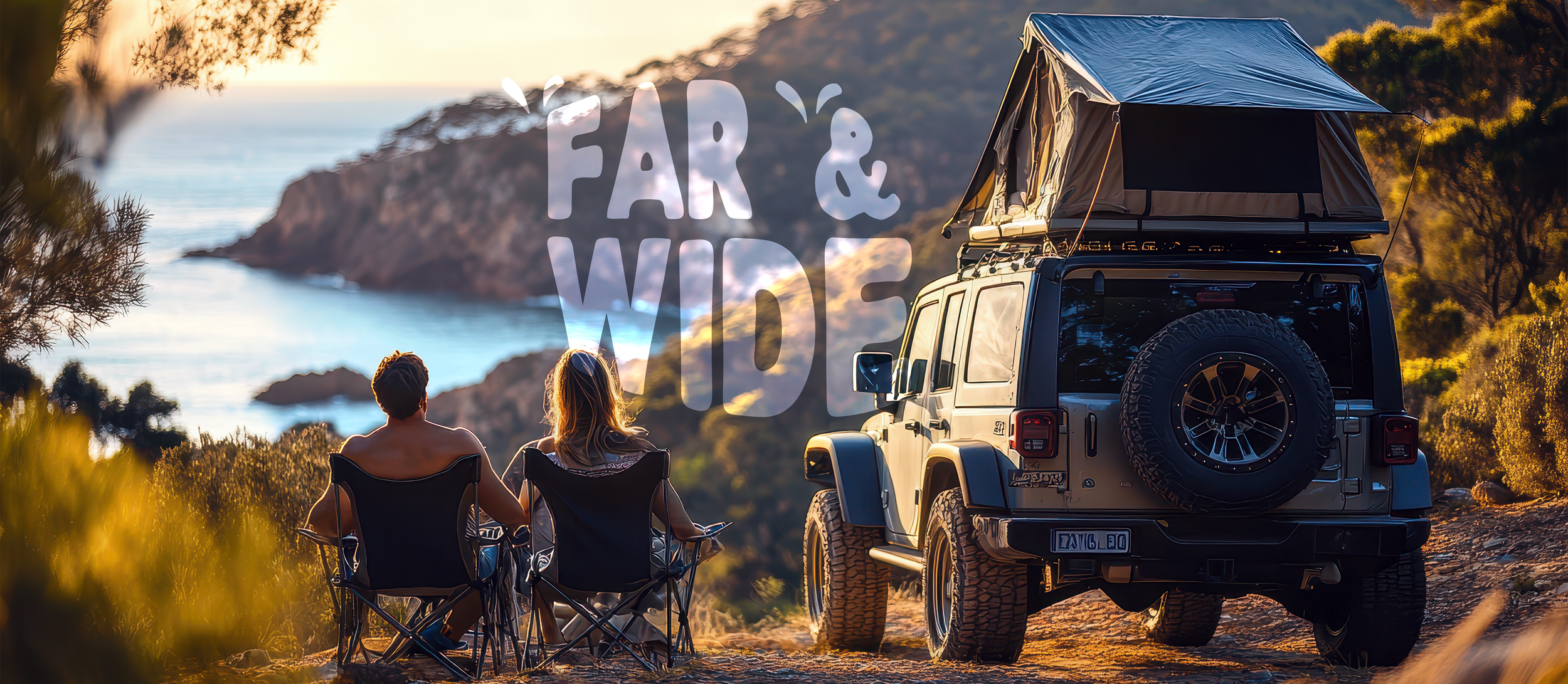 Two people sitting in camping chairs by a Jeep with a rooftop tent, overlooking a coastline with mountains and water during sunset.
