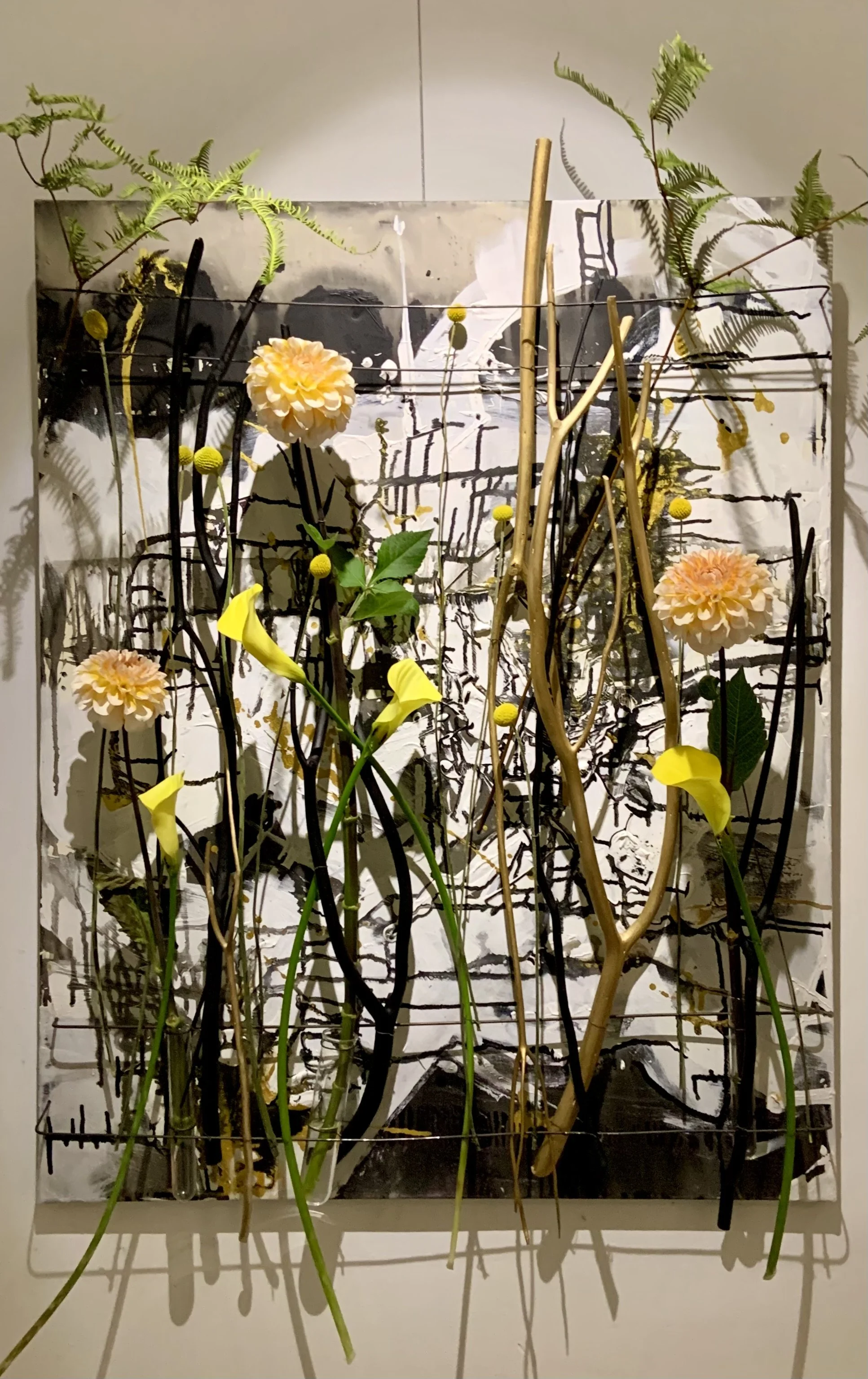 Intervals / Acrylic, Dahlia, Craspedia and sticks on Canvas, 2021