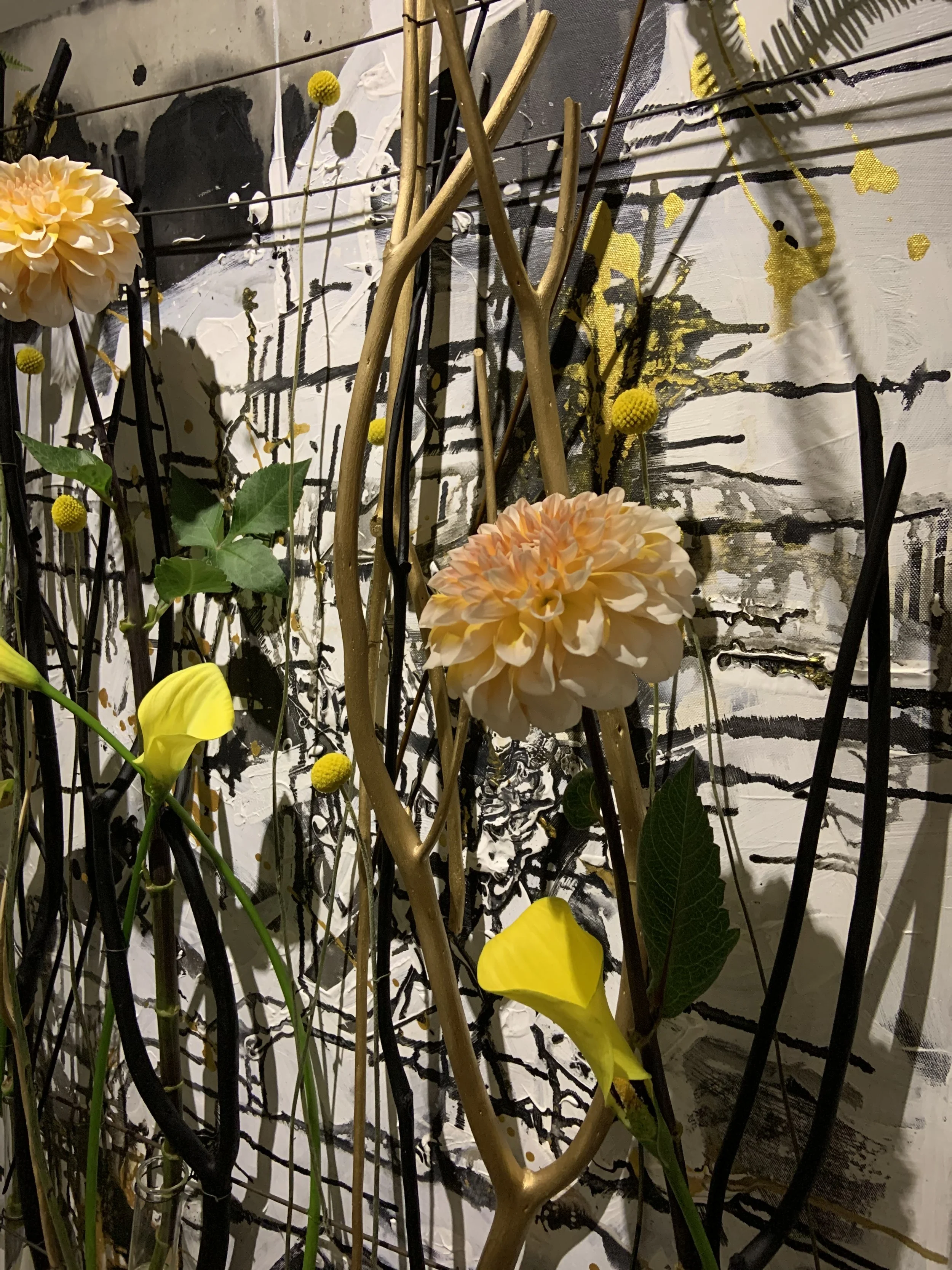 Intervals / Acrylic, Dahlia, Craspedia and sticks on Canvas, 2021