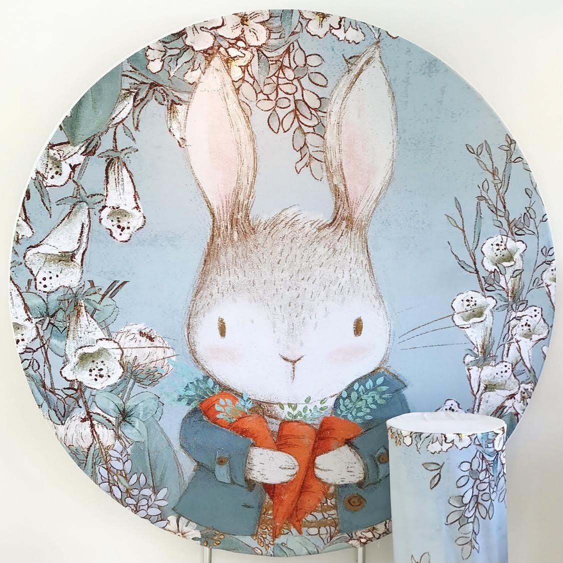 Round Peter Rabbit illustrated party and baby shower backdrop