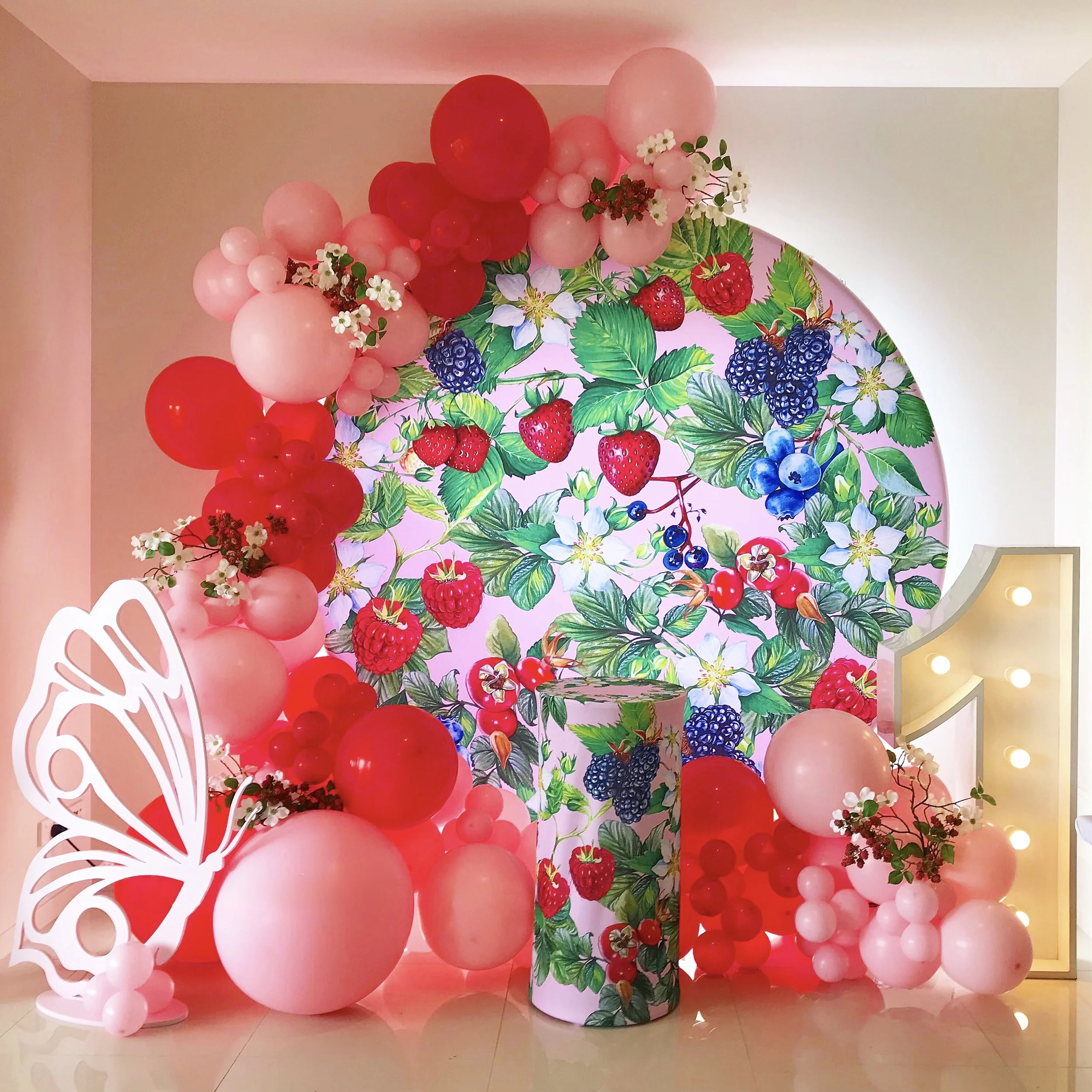 Berry First birthday backdrop with balloon arch and butterfly props
