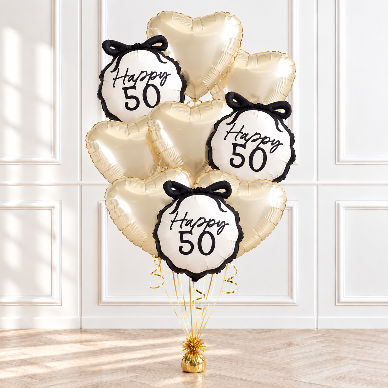 50th birthday helium balloon bouquet with number and heart balloons by Print Candy