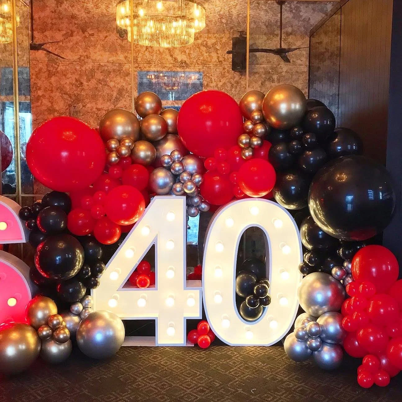 40th birthday party ideas. Balloon wall around light up number 40