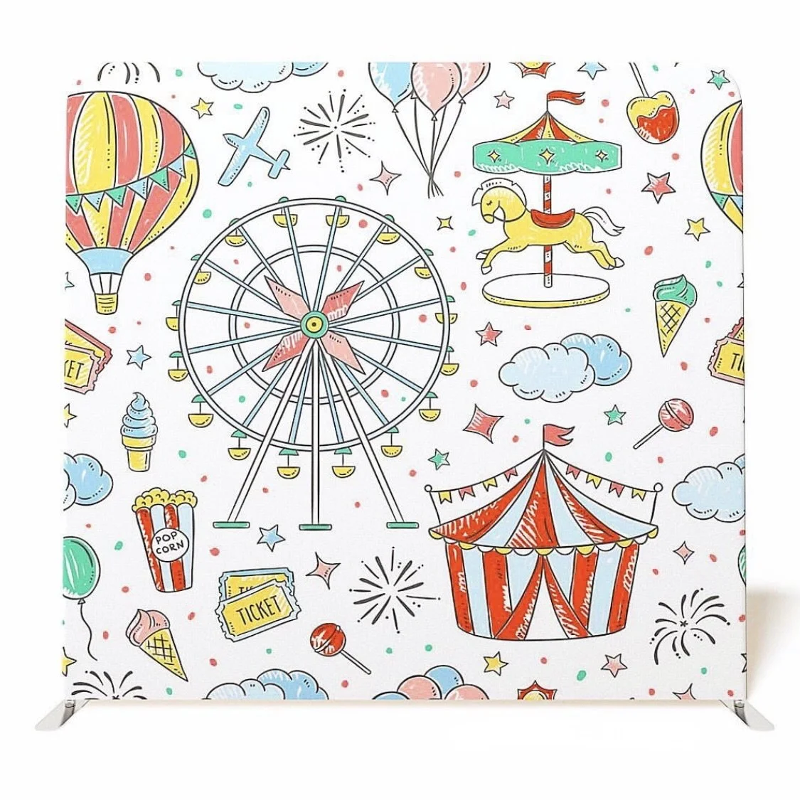 Colorful carnival themed illustration featuring a Ferris wheel, carousel horse, hot air balloons, popcorn, ice cream, tickets, lollipops, and fireworks among clouds and stars.
