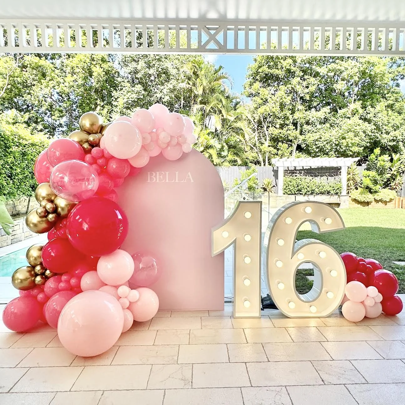 Decorative setup for a 16th birthday celebration 