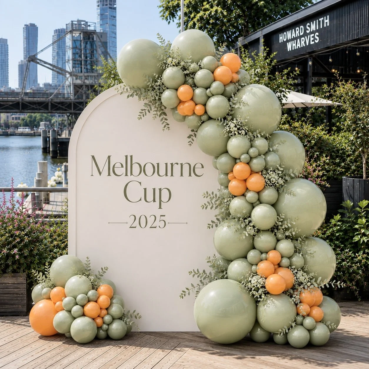 White arch backdrop with a balloon garland in eucalyptus and orange for Melbourne Cup 2025 in Brisbane by Print Candy