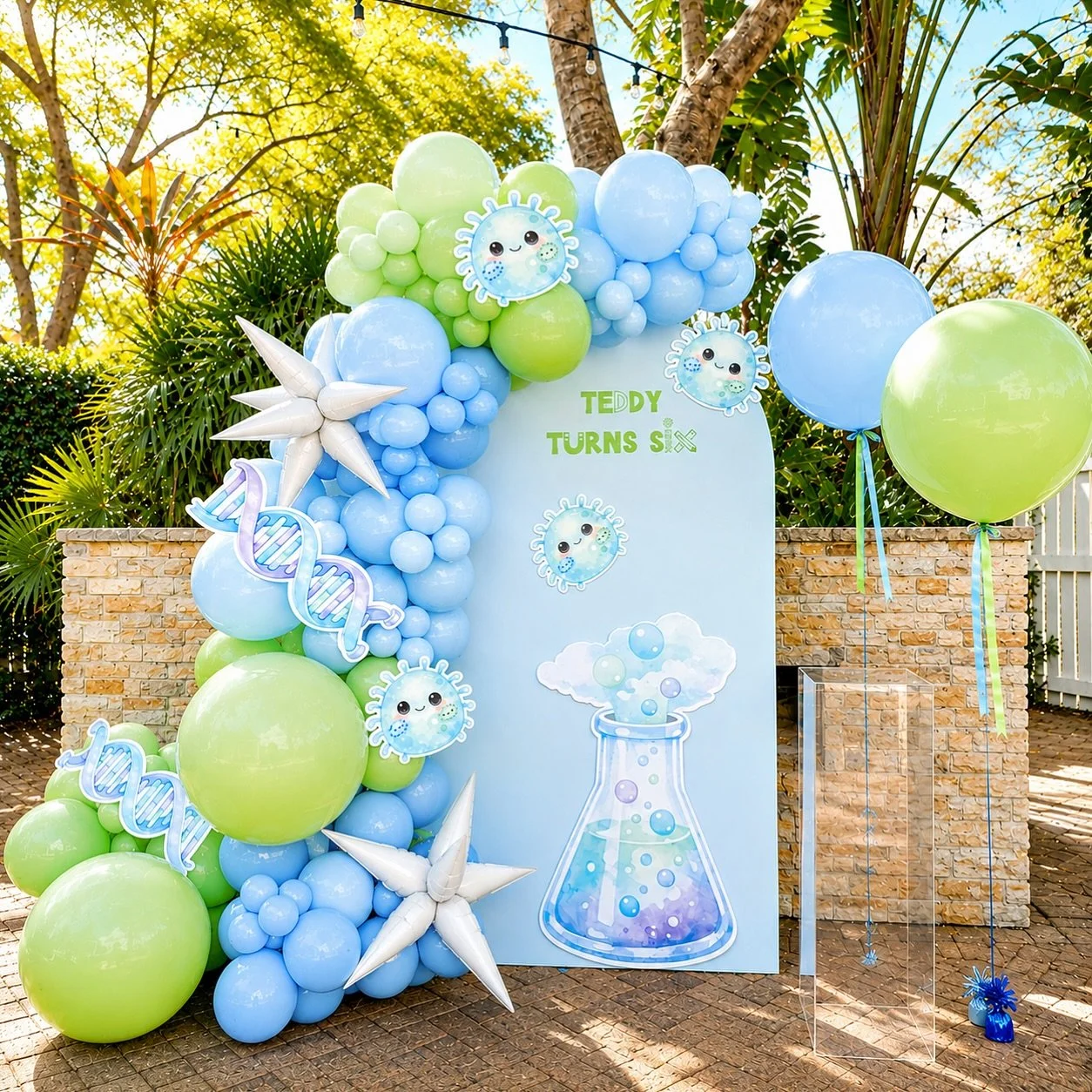 Teddy Turns Six 🧬🔬🧪 Science meets celebration for this super-fun science themed 6th birthday party! 

Our personalised science party backdrop was brought to life with a statement blue and green balloon installation, playful DNA and laboratory-insp