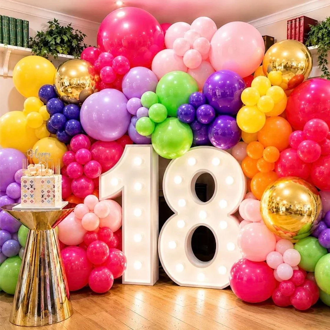18 never looked so colourful 🌈✨

A milestone birthday deserves a BIG celebration, and this one was all about colour, fun and impact! 🎈

A statement organic balloon wall bursting with colour, oversized balloons, gold Orbz, light up 18 numbers. The p