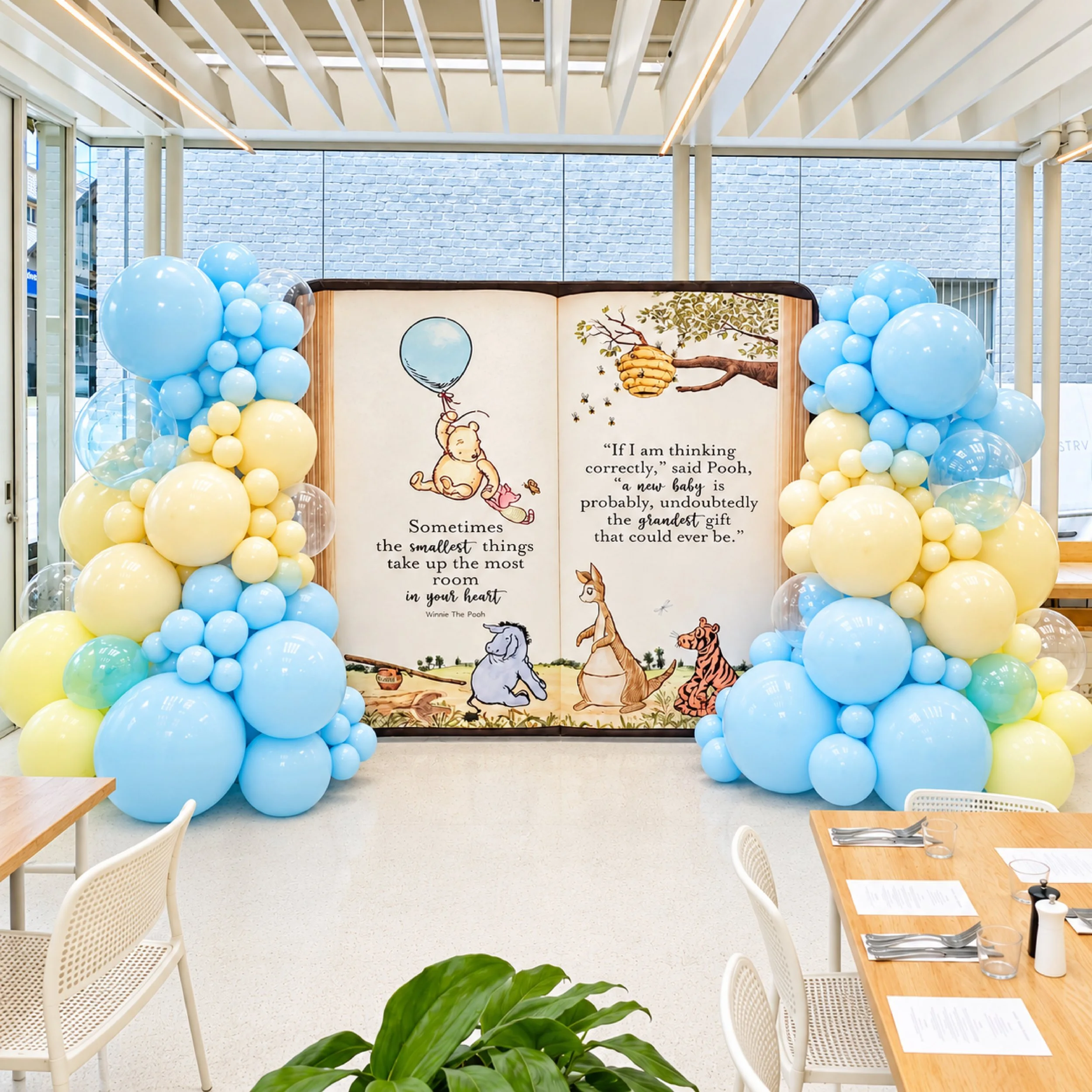 Winnie the Pooh girl baby shower backdrop and balloons for hire in Brisbane and Gold Coast by Print Candy