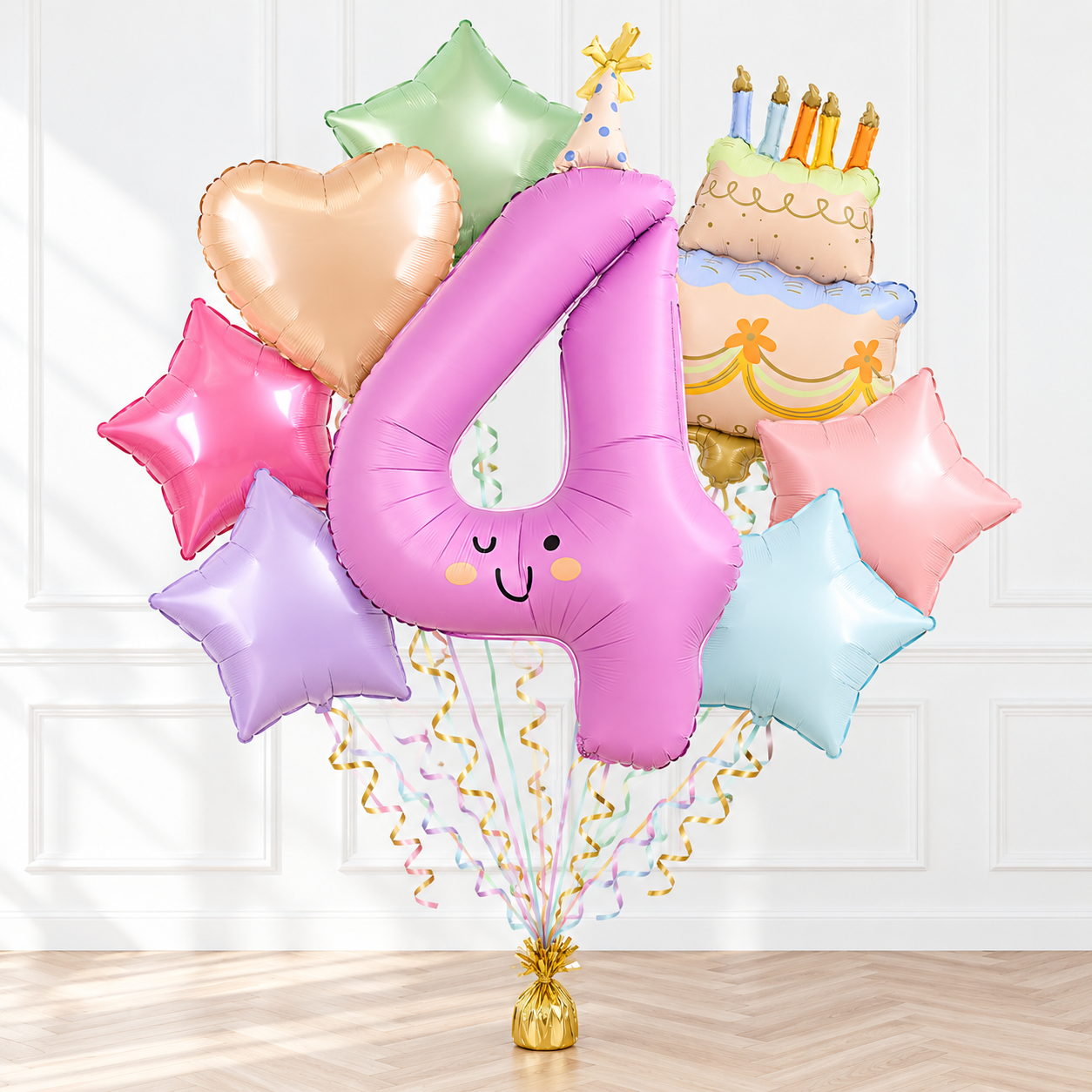 4th Birthday helium balloon bouquet with number balloons, cake balloon and stars for kids birthdays Print Candy