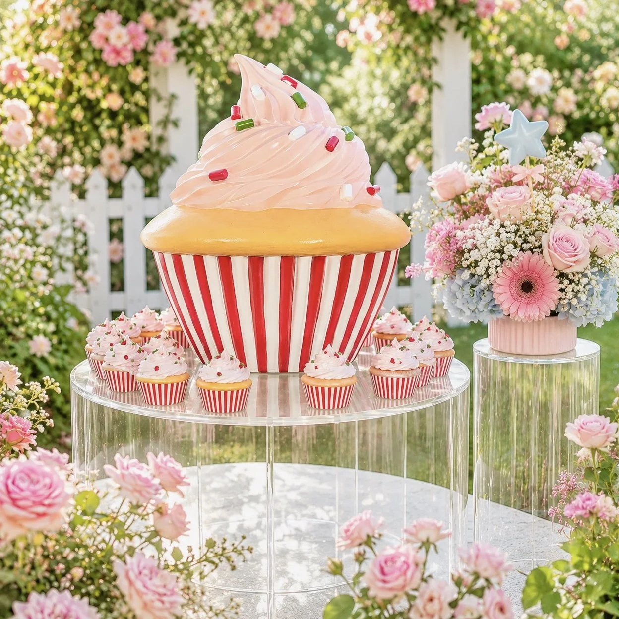 A cupcake with pink frosting, colorful sprinkles, and a swirl of whipped cream on top, in a red and white striped cupcake liner.