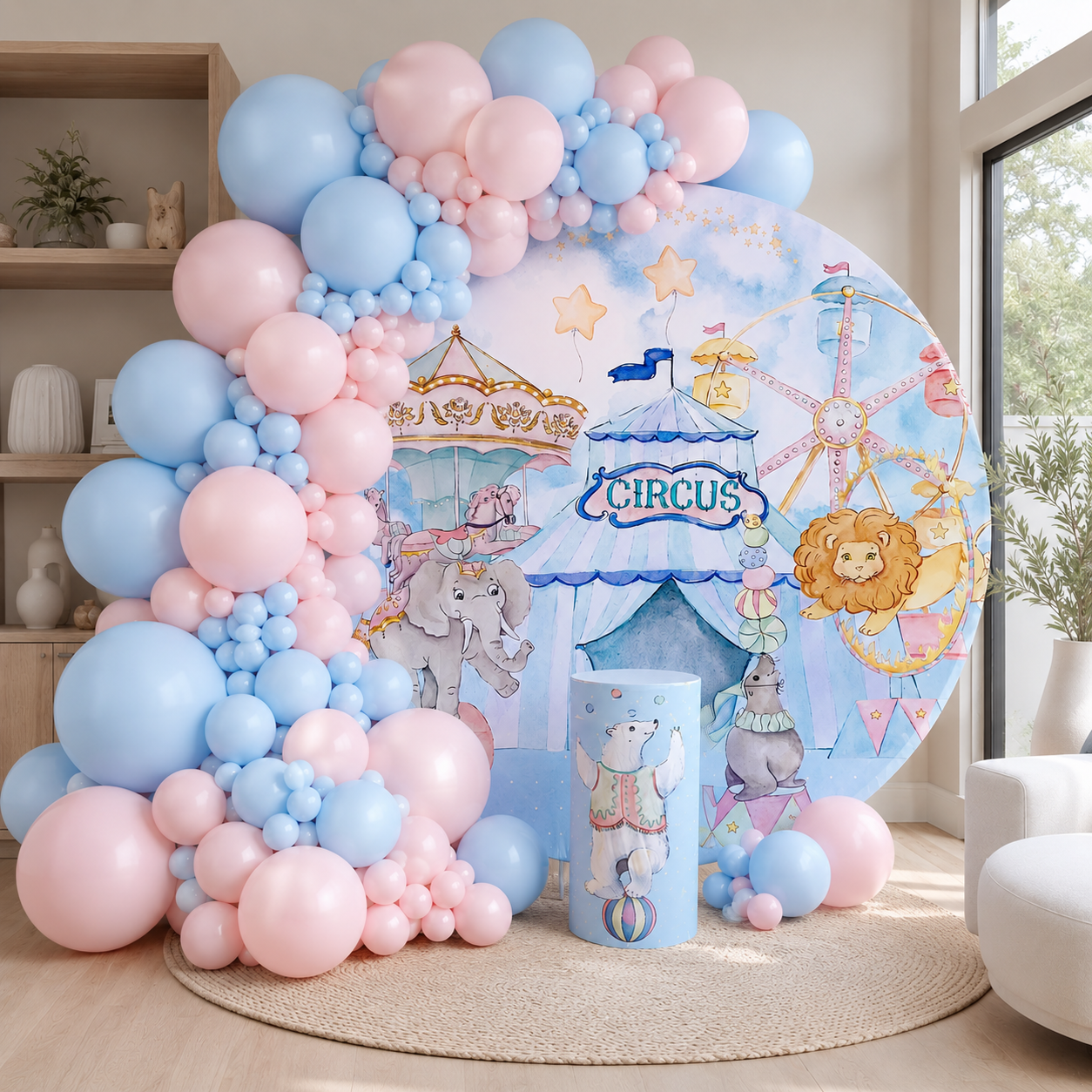 Circus-themed birthday party backdrop with pink and blue balloons, for kids party hire in Brisbane and Gold Coast by Print Candy