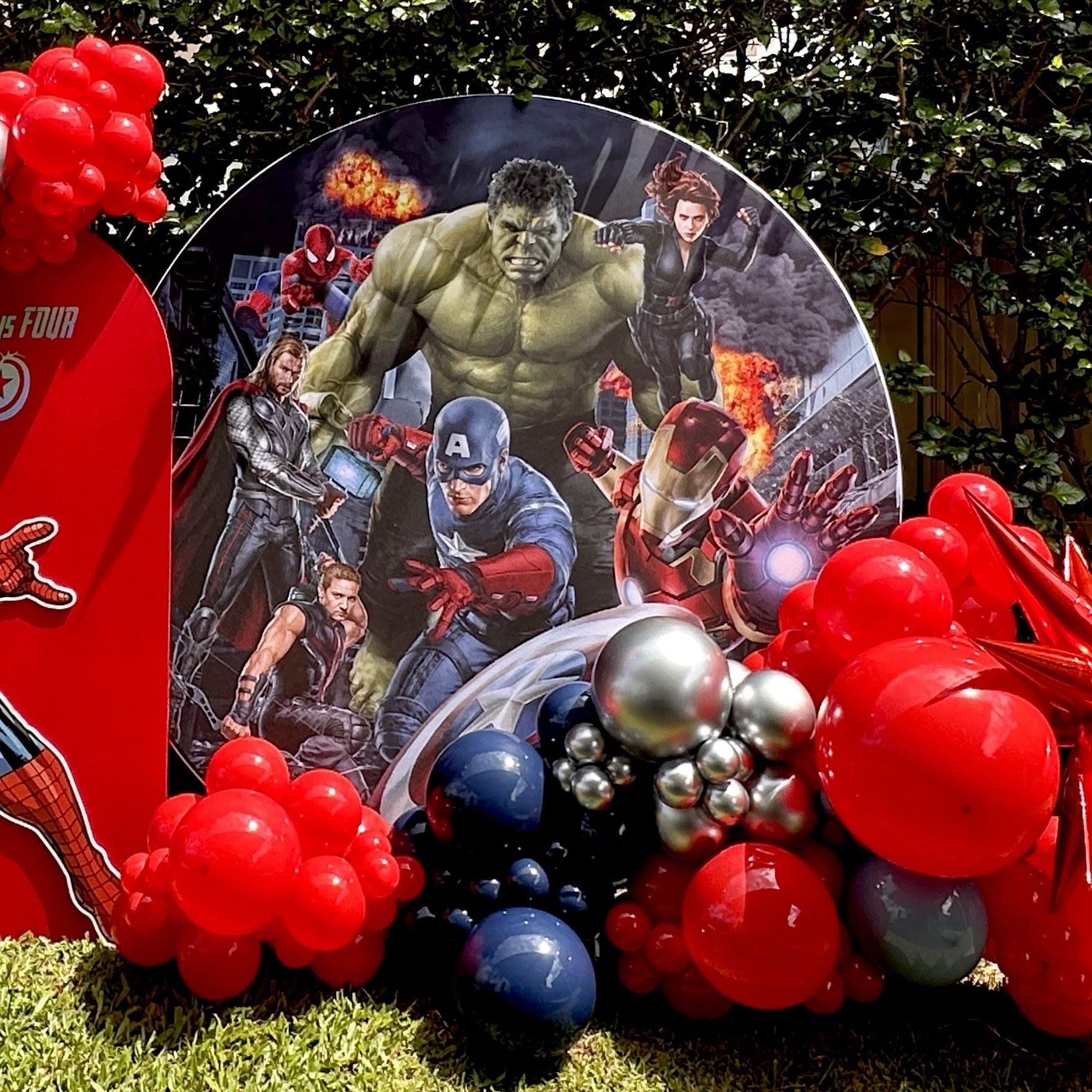 Avengers themed superhero birthday backdrop featuring all the Marvel superheroes including Hulk, Black Widow, Captain America, Iron Man, Thor, and Spiderman