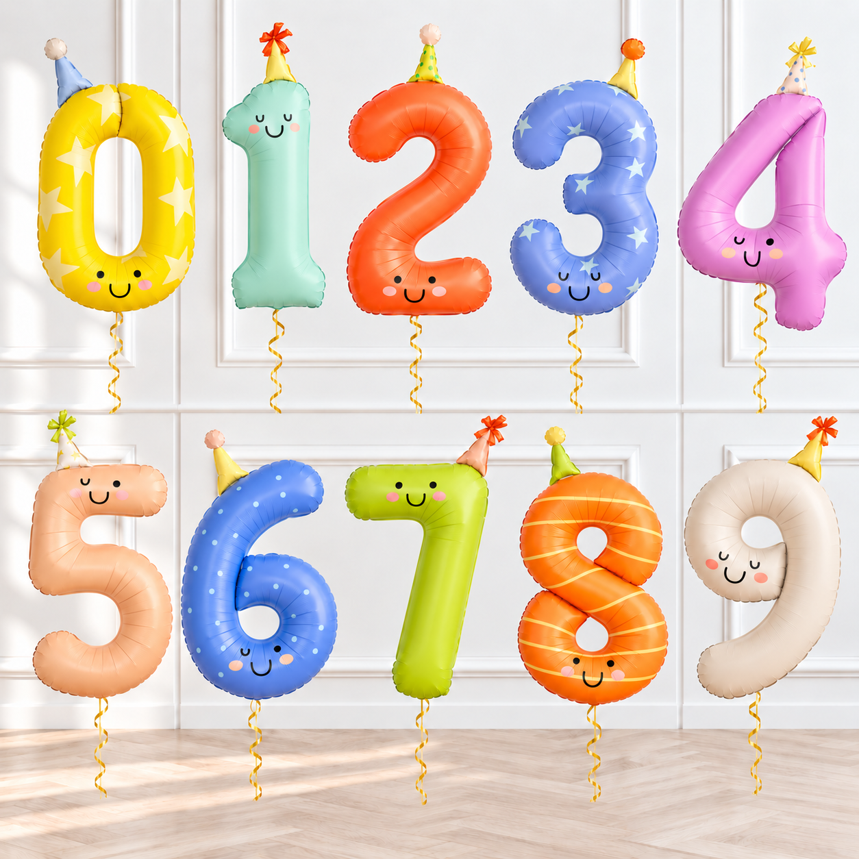 Colorful number balloons with smiling faces, wearing party hats, for kids party styling and helium balloon bouquet gifts by Print Candy in Brisbane and Gold Coast