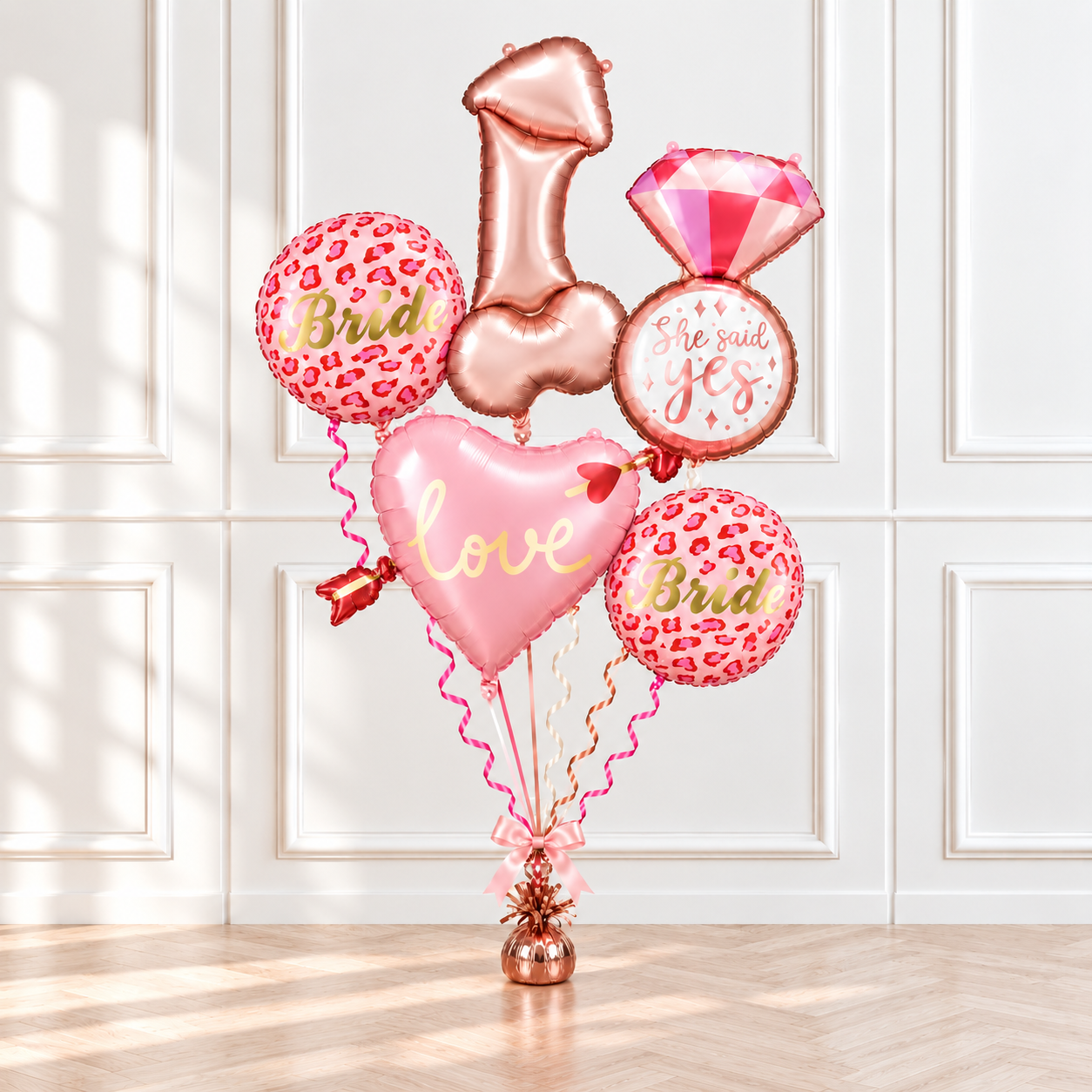 Bride to be helium balloon bouquet with engagement ring and heart balloons and naughty penis novelty balloon Brisbane
