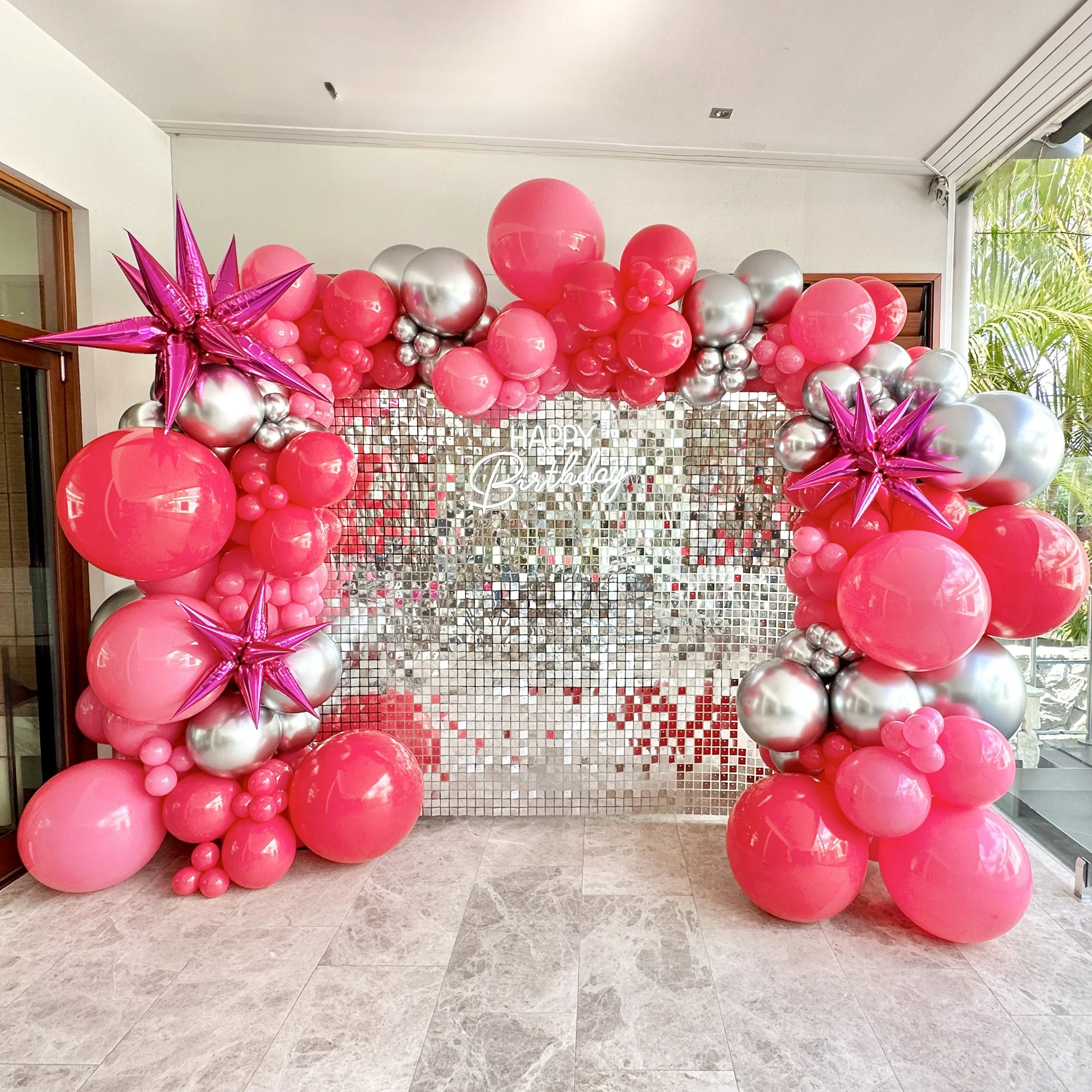 Silver shimmer wall for 18th Birthday.JPG