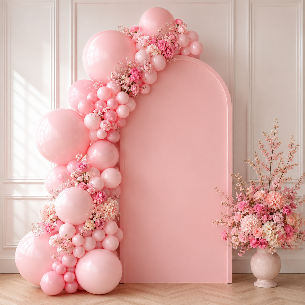 Pink floral balloon arch and a large pink backdrop with a nearby pink flower arrangement in a vase, in a decorated interior space.
