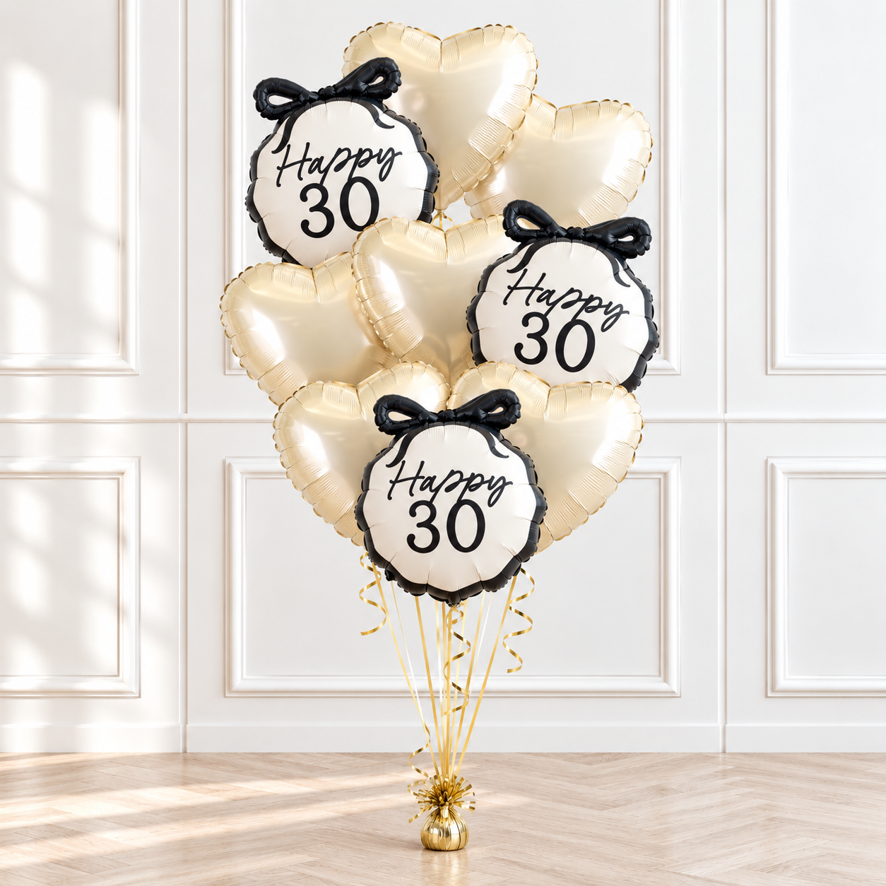 30th birthday helium balloon bouquet with number and heart balloons for birthday in Brisbane