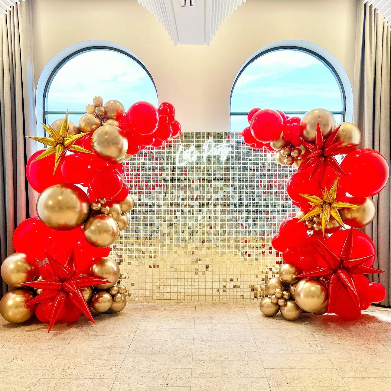 Print Candy gold shimmer wall, balloon installation and Let's Party neon sign at The Calile Hotel.jpeg