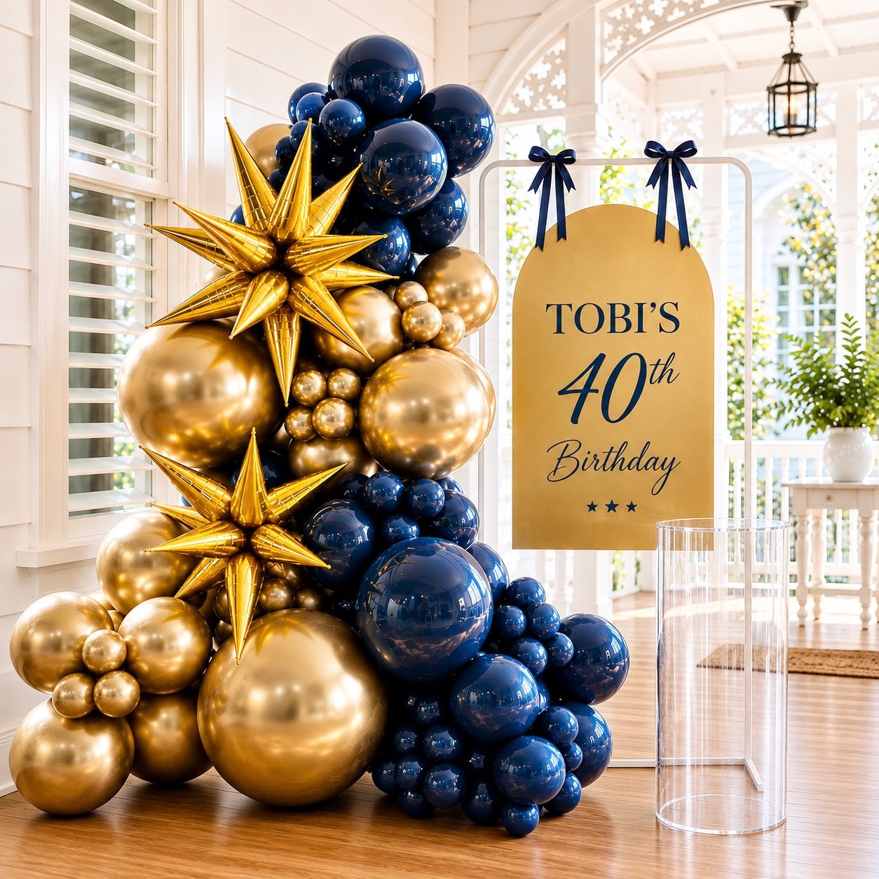 Decorative balloon arrangement in gold and navy blue for a 40th birthday celebration, with a gold sign reading 'Tobi's 40th Birthday' next to a transparent stand in a bright, porch-like setting.
