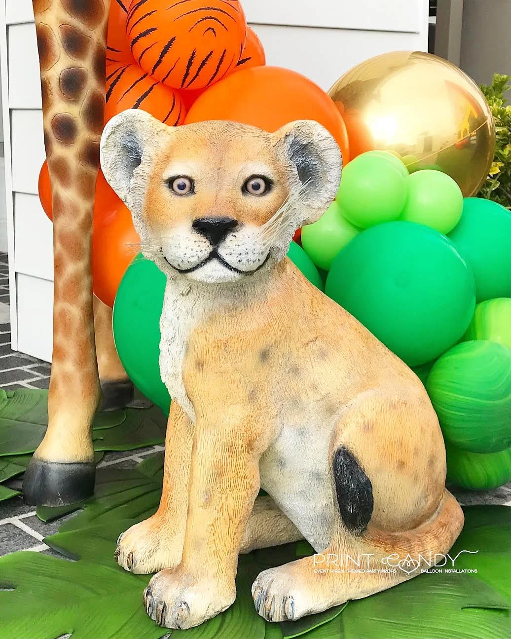 A life-size lion cub prop and balloon garland.