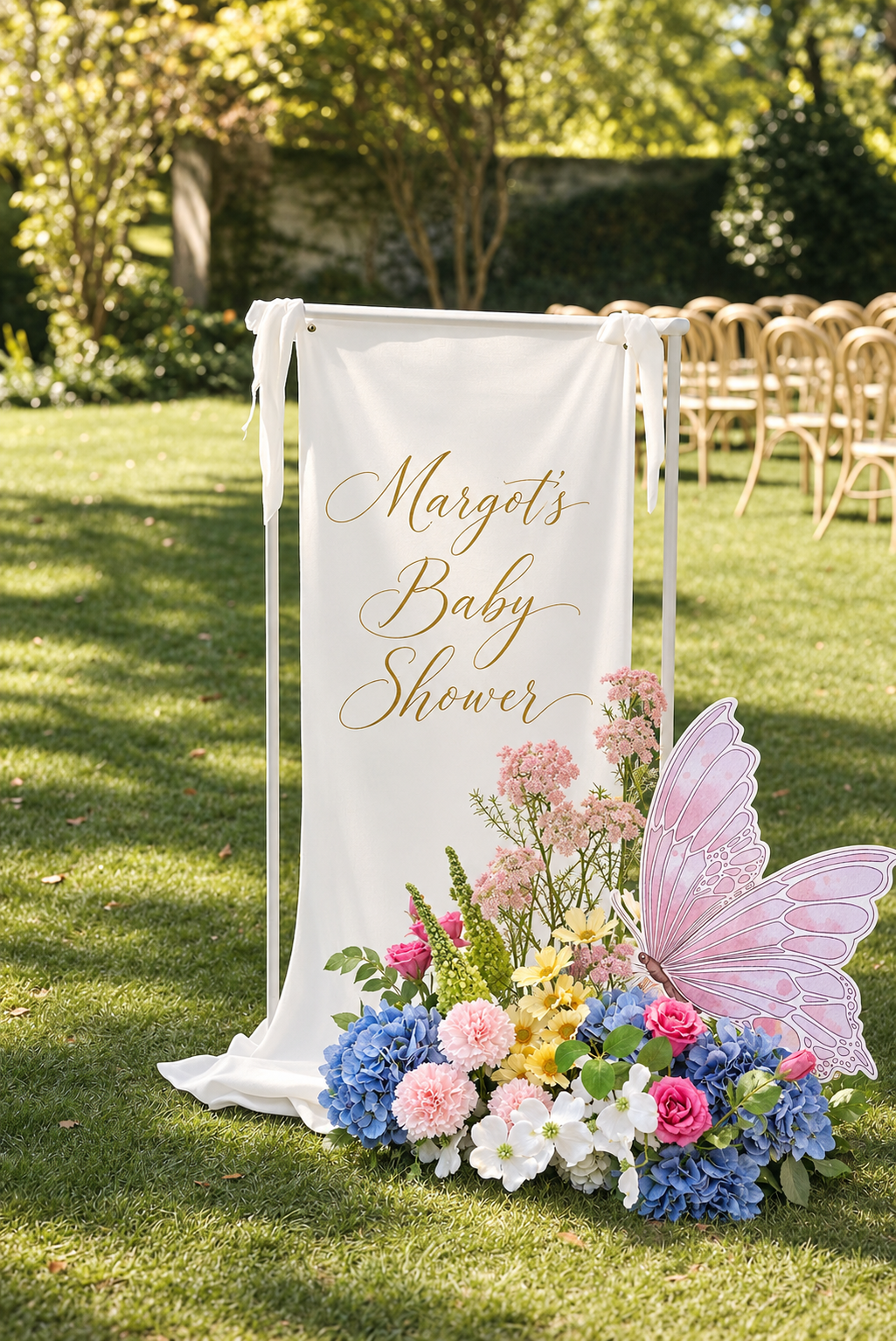 A white fabric backdrop stands outdoors on a grassy lawn, decorated with a bouquet of white flowers at the base, with rows of chairs visible in the background for an outdoor event.