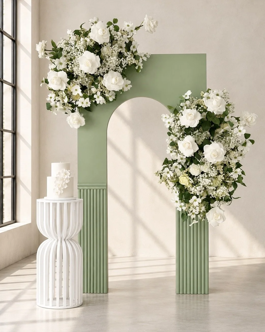 Matcha Backdrop, Lafayete Cake Plinth and Ines Backdrop Flowers - Wedding Backdrop - Engagment Backdrop - Backdrop Hire - Flower Hire - Print Candy.jpg