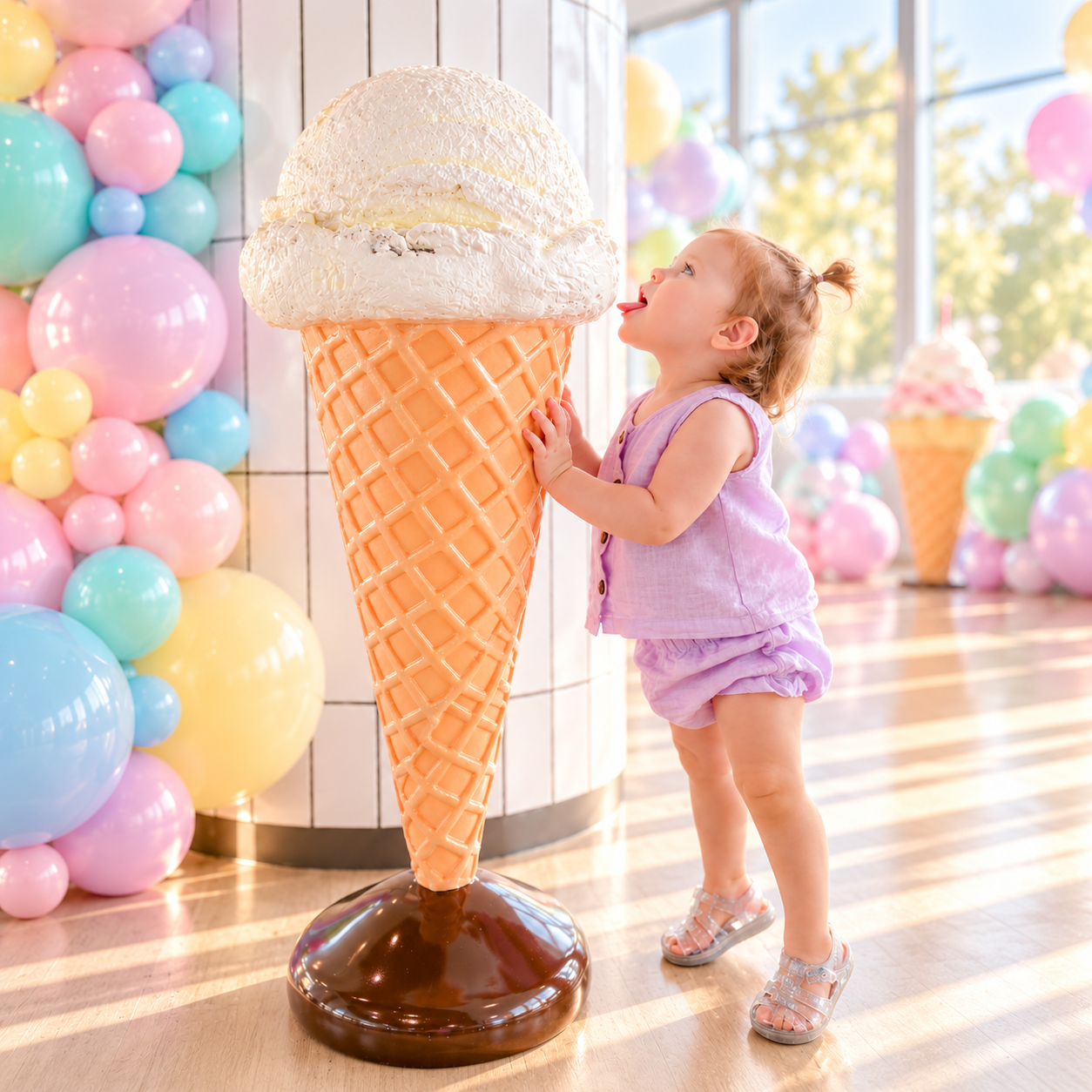 A young girl in a pink outfit licking a giant ice cream cone sculpture.