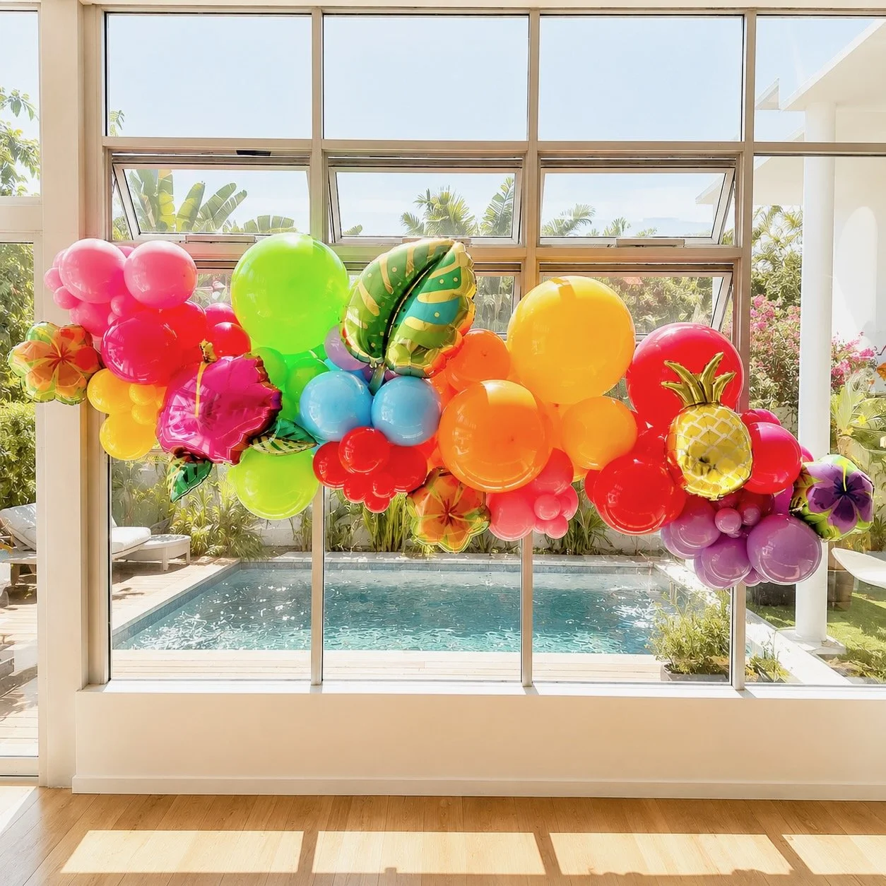 Tropical themed balloon garland