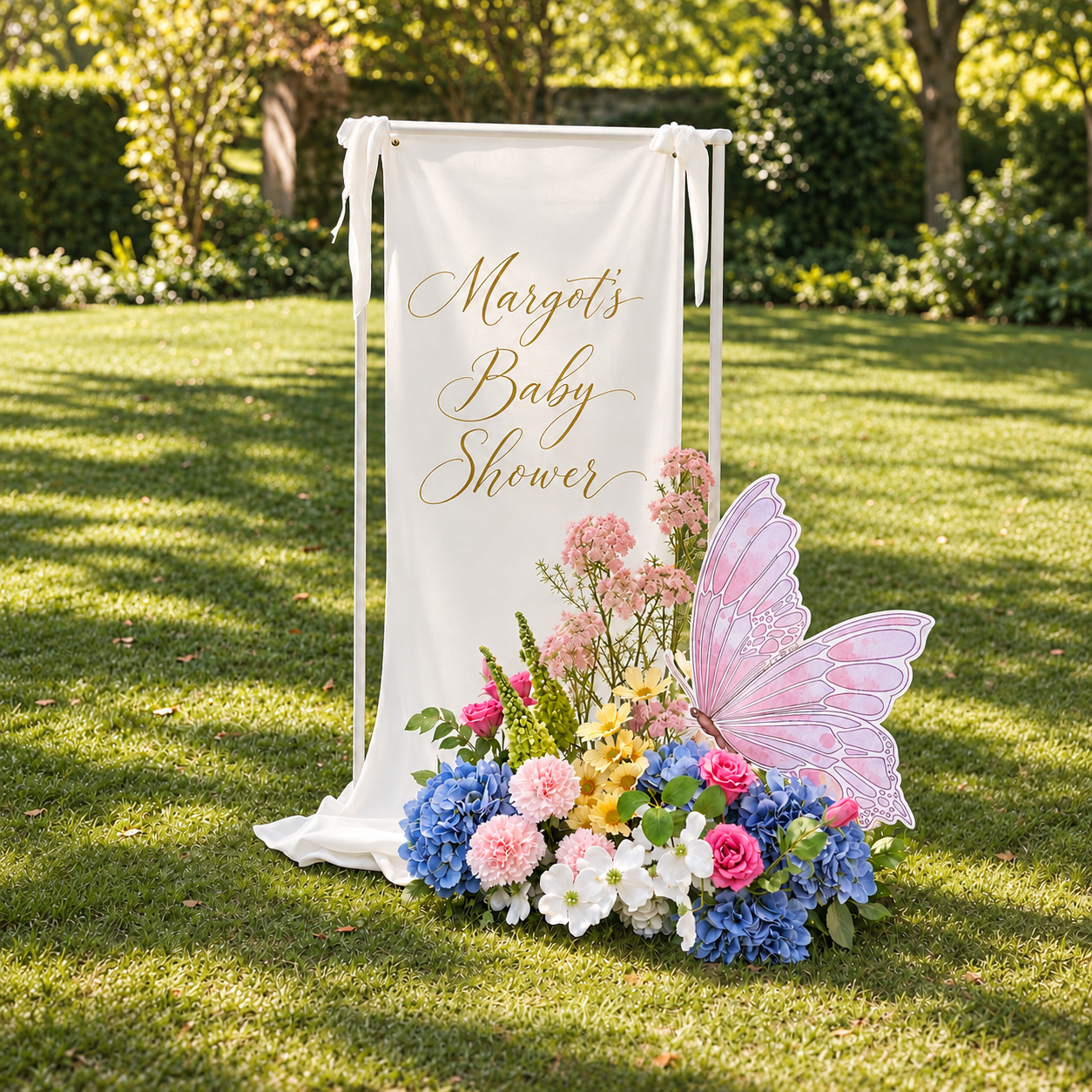 A colorful arrangement of pink, yellow, white, blue, and purple flowers with a decorative purple paper butterfly and pastel pink paper cutouts.