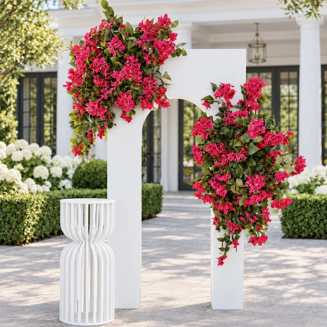 White Event Backdrop - Bougainvillea Backdrop Flowers - White Cake Plinth - Print Candy