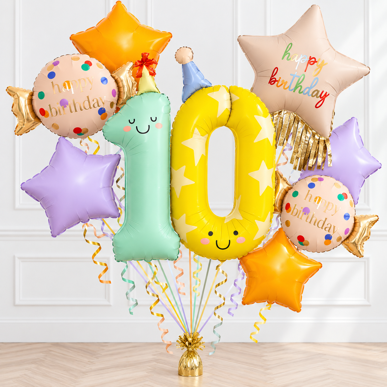 10th Birthday helium balloon bouquet with candy and stars by Print Candy