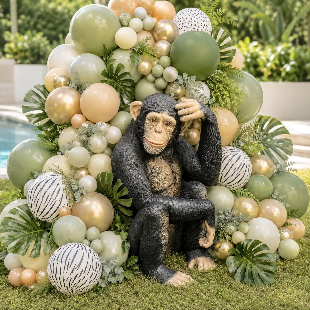 A statue of a sitting chimpanzee with one hand on its head, surrounded by tiger-striped animal statues and green grass.