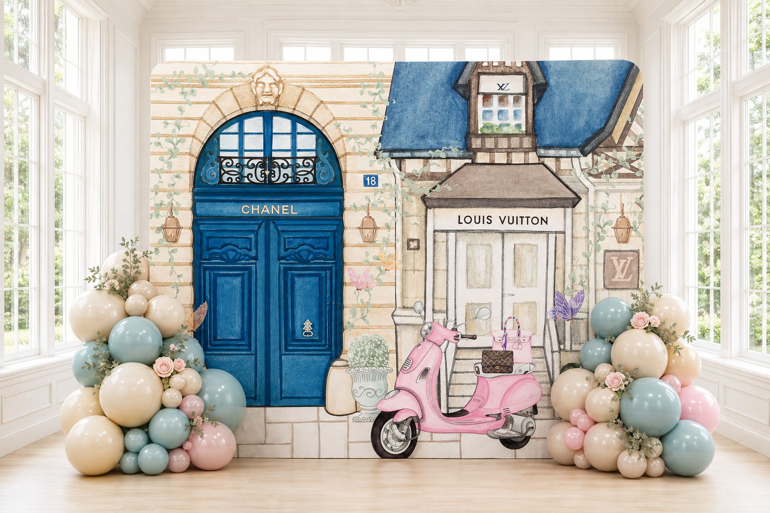 A colorful mural depicting a blue door with the word 'CHANEL' above it, a window with green plants, and a pink scooter parked in front. The scene includes decorative planters, butterflies, and a building with the Louis Vuitton logo.
