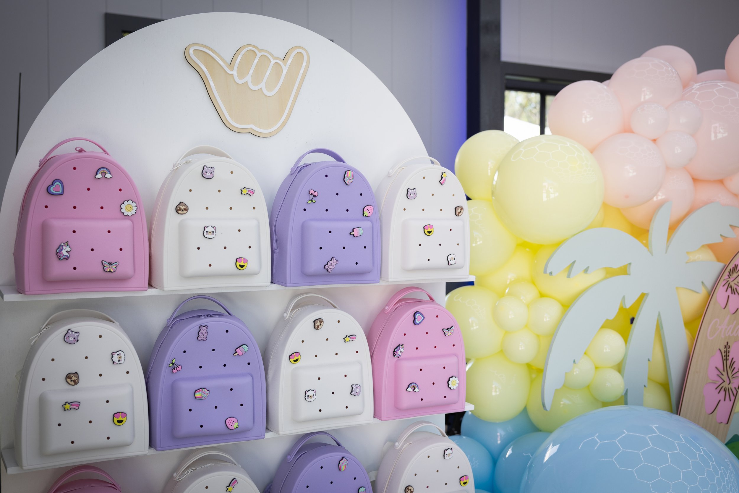 Party favour treat wall for a tropical pool party theme