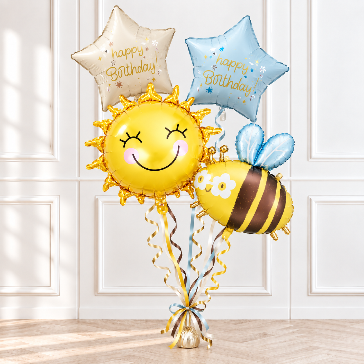 Happy Bee-Day helium balloon bouquet in pastel colours for kids birthday parties
