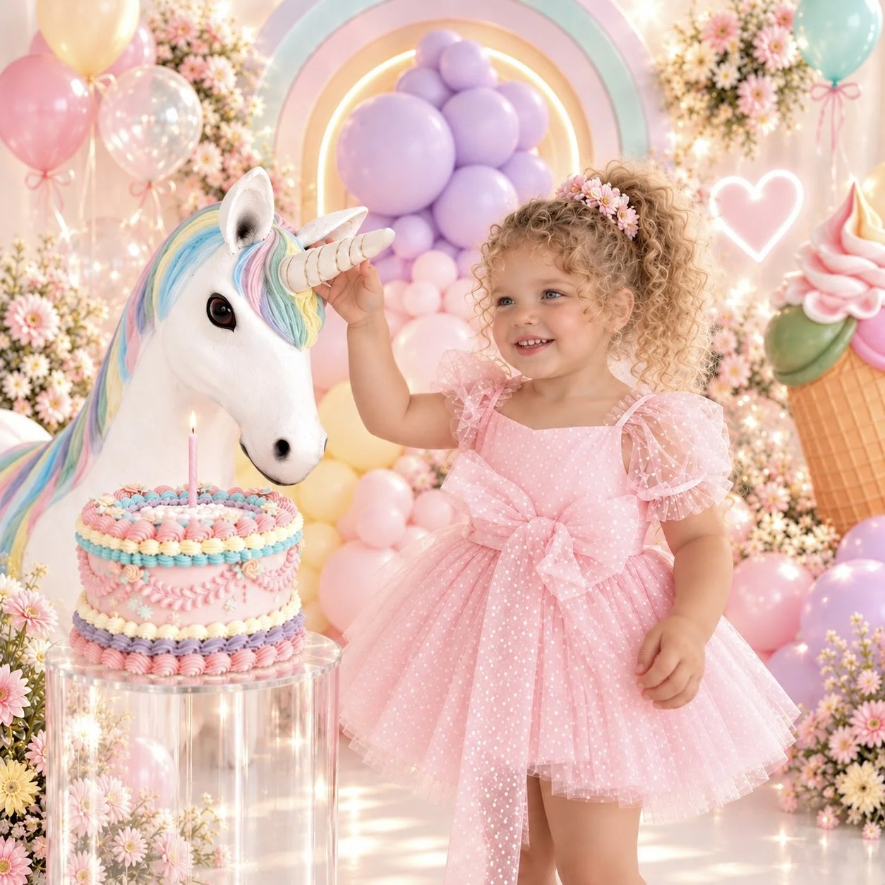 Decorative unicorn figure with a white body, rainbow-colored mane and tail, in front of pastel-colored balloons, with a backdrop of pastel pink and purple clouds and white wooden panels.